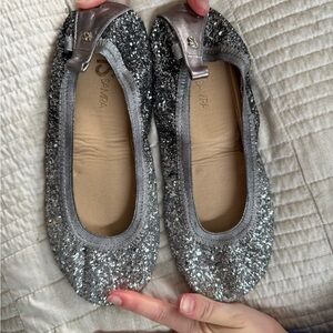 Yosi Samra Silver Glitter Ballet Flats with Metallic Toe